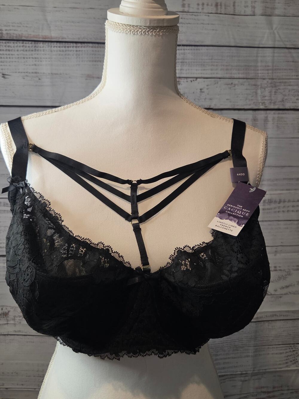 Cacique Black Lace Strappy Caged Front Bra Women's Plus Size Lingerie